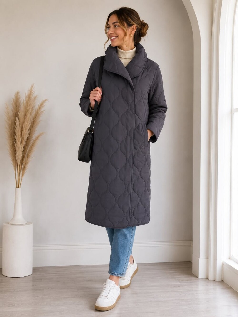 Long Quilted Puffer Coat in Charcoal Gray